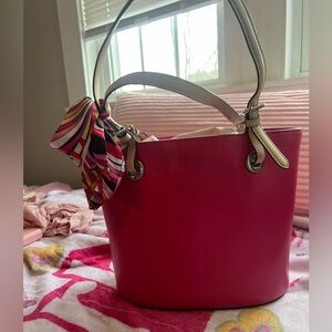 👛 Michael Kors Pink Tote Bag w/ Twilly Scarf Beige Straps Silver Hardware | GUC